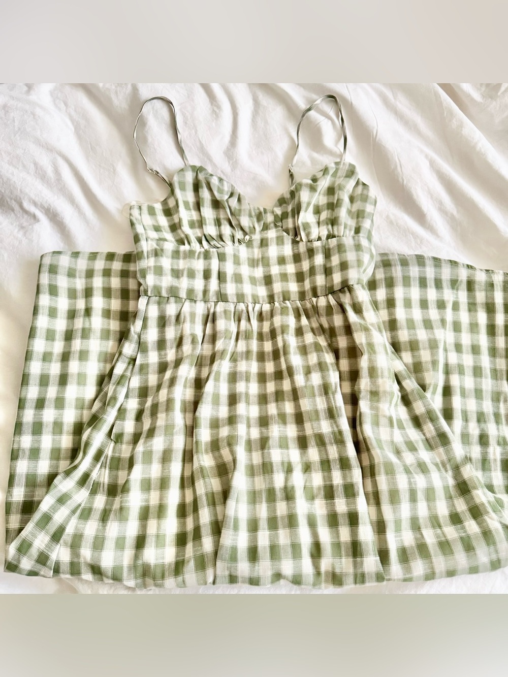 TRIXXI Gingham Plaid A-Line Midi Dress Women's Size Medium Green White Pockets M - Picture 3 of 9